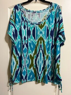 Lane Bryant Cool & Casual Blue Green Ikat 100% Cotton Top Blouse 22 24
